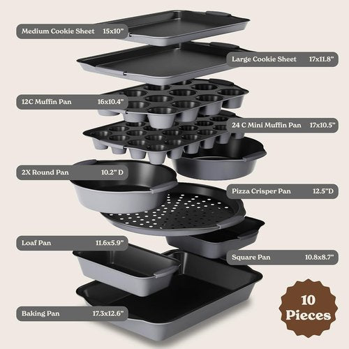 Country Kitchen Nonstick Bakeware Set - Durable, Easy Release, Stackable Design | 10 Pcs, Grey