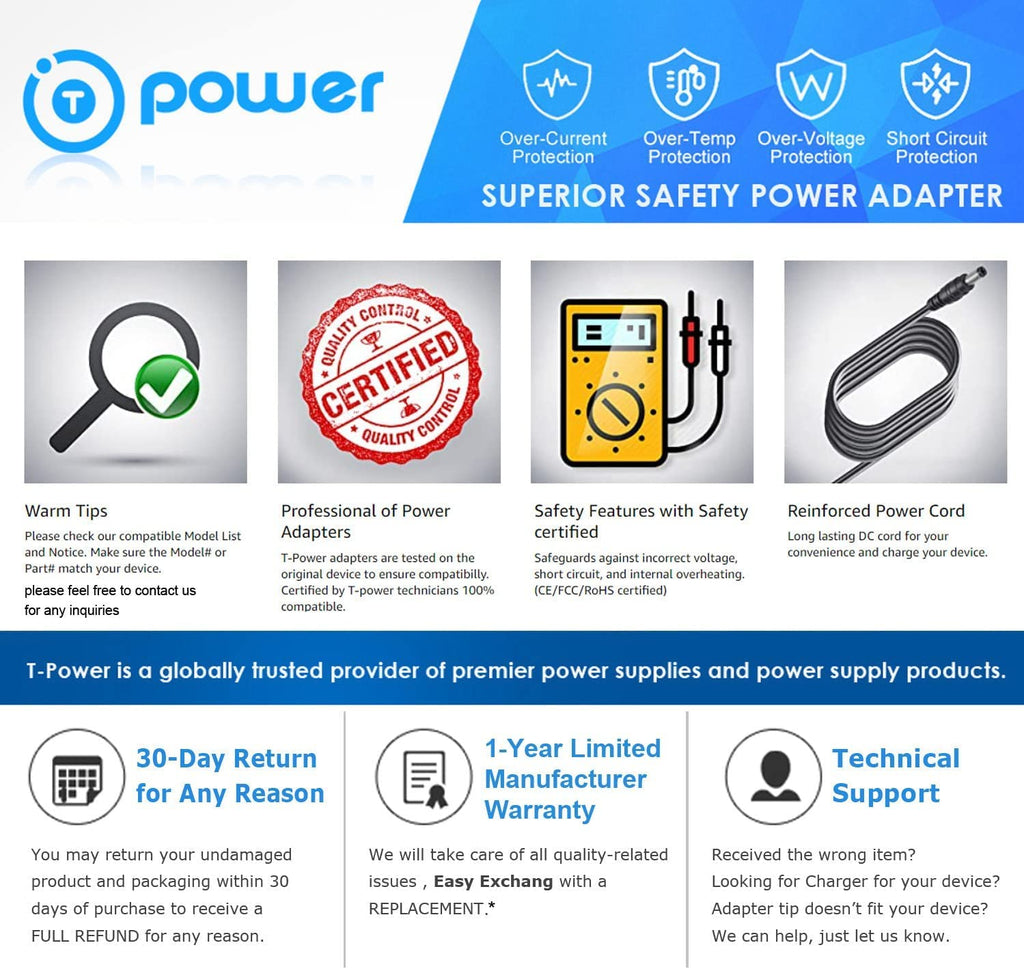 T-Power Charger for Shark Vertex DK33-288080H-U IZ440 IZ460 IZ480 IZ440H IZ440H26 IZ441H IZ462H IZ482H IZ483H XCHRIZ440H XFBT750 Class 2 Power Supply Cord Charger