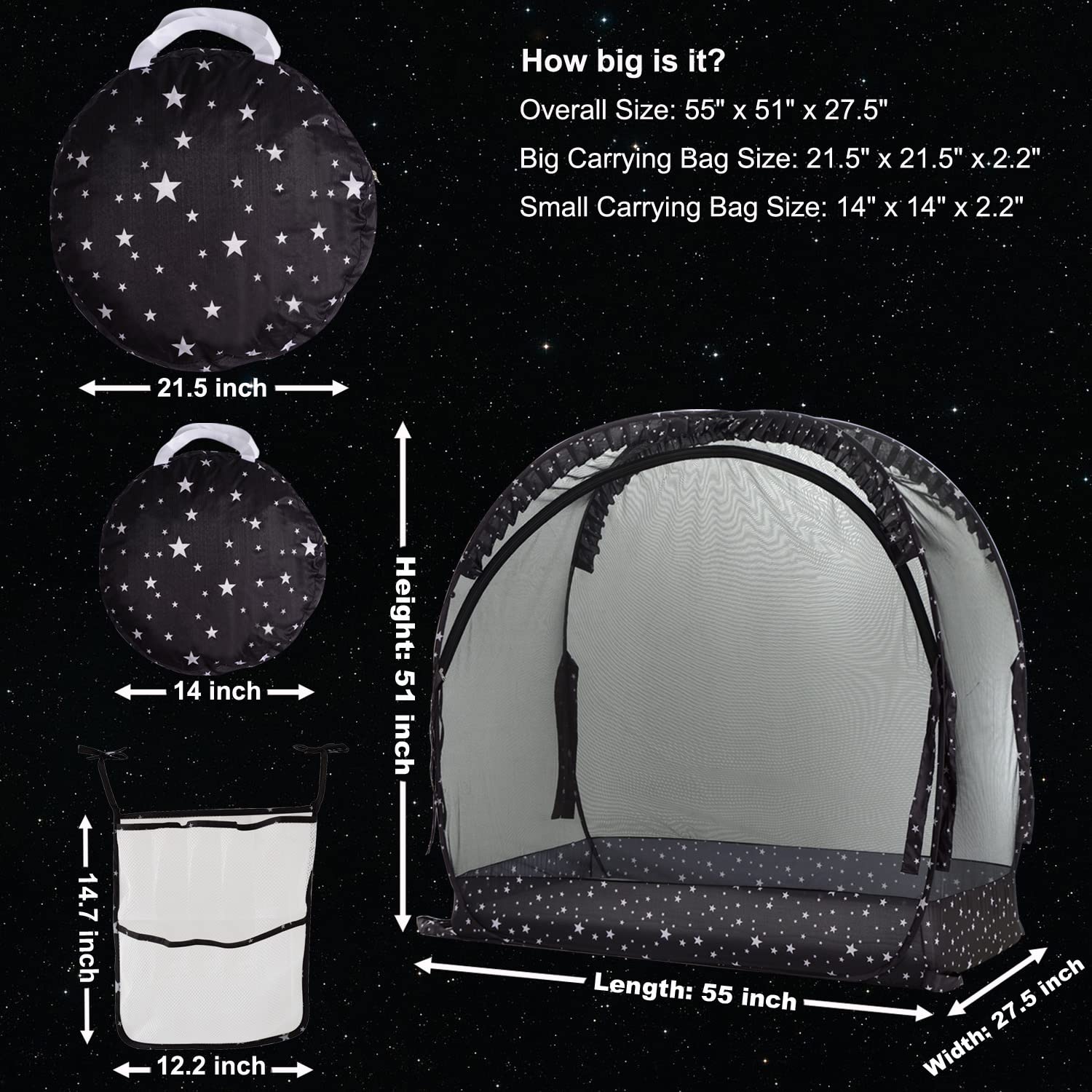ZXPLO Safety Pop Up Crib Tent Cover to Keep Toddler from Climbing Out - Baby Bed Star Net Canopy with Mesh Organizer
