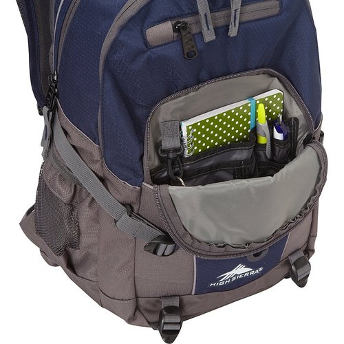 High Sierra Loop Backpack, Travel, or Work Bookbag with tablet sleeve, One Size, Sequin Facets/Bluebird/White