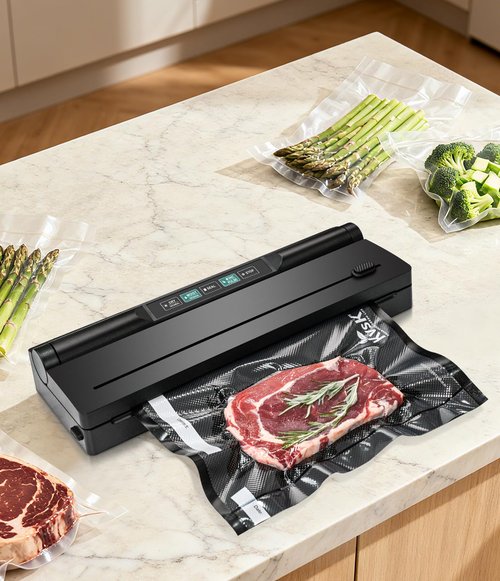 KVSK Vacuum Sealer Machine Automatic Black 6615H Food Preservation Storage, One-Click Dry&Moist Vac Seal Mode, 60kPa Suction, 11"x9.8' Black Sealer Roll, Liquid Block Cotton Pads, Removable Drip Tray