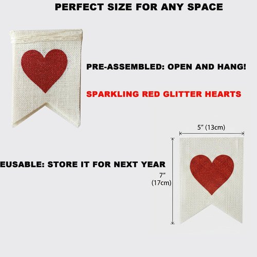 Valentine's Day Burlap Banner Decorations - Pre-Strung Love & Red Glitter Heart Garland, Rustic Anniversary Wedding Decor, No-Shed Glitter Heart Bunting for Mantel, Party, Office