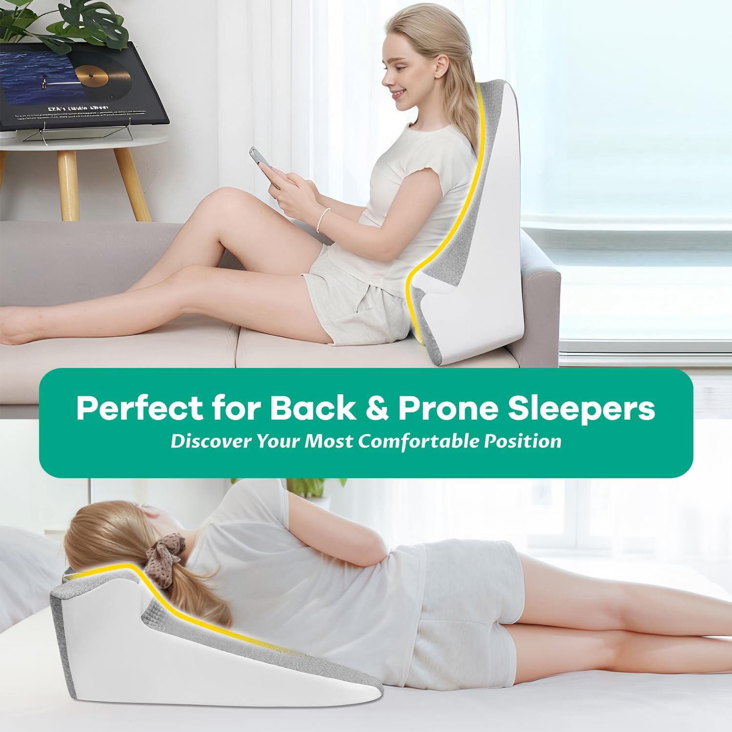 Skiennix Bed Wedge Pillow - Ergonomic Memory Foam Support for Sleep Apnea & Reading - Grey