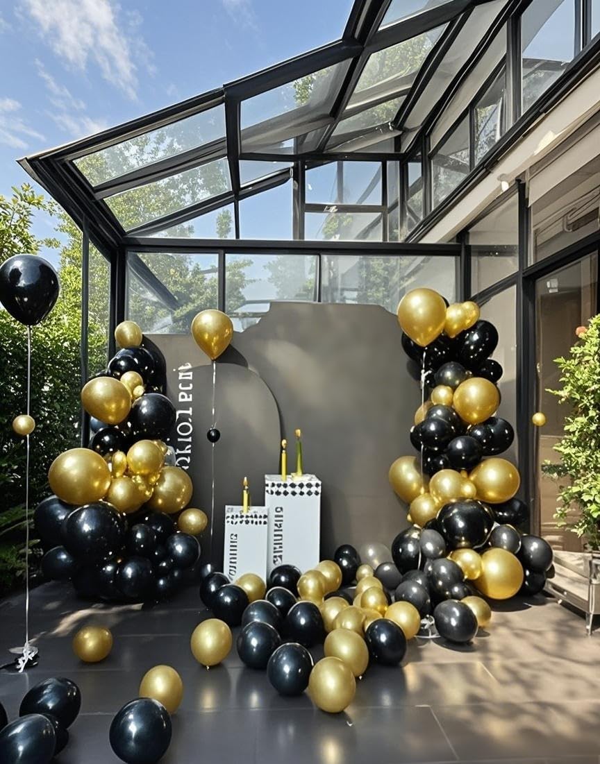 Shiny Metallic Black Balloons - 145-Piece Latex Arch Kit for Graduation, Halloween & Birthday Decor