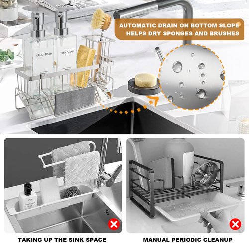 GMISUN Kitchen Soap Dispenser, 12 Fl oz/350ml Clear Dish Soap Dispenser with Silver Sponge Holder, Customized Glass Dish Soap Dispensers for Kitchen, Modern Hand and Dish Soap Dispensers Set Removable