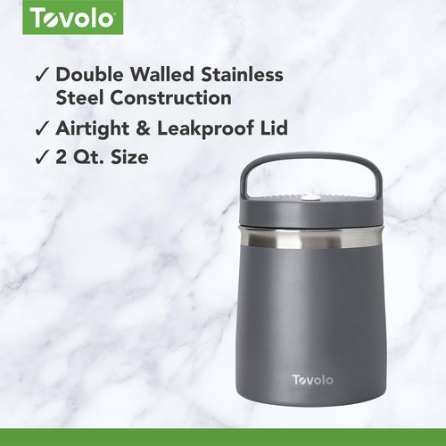 Tovolo Insulated Food Container 2 Quart Food Traveler Thermos for Hot Food and Cold Food Stainless Steel Double Wall Vacuum Insulated Spill Proof Airtight Lid Dishwasher Safe BPA Free Charcoal Gray