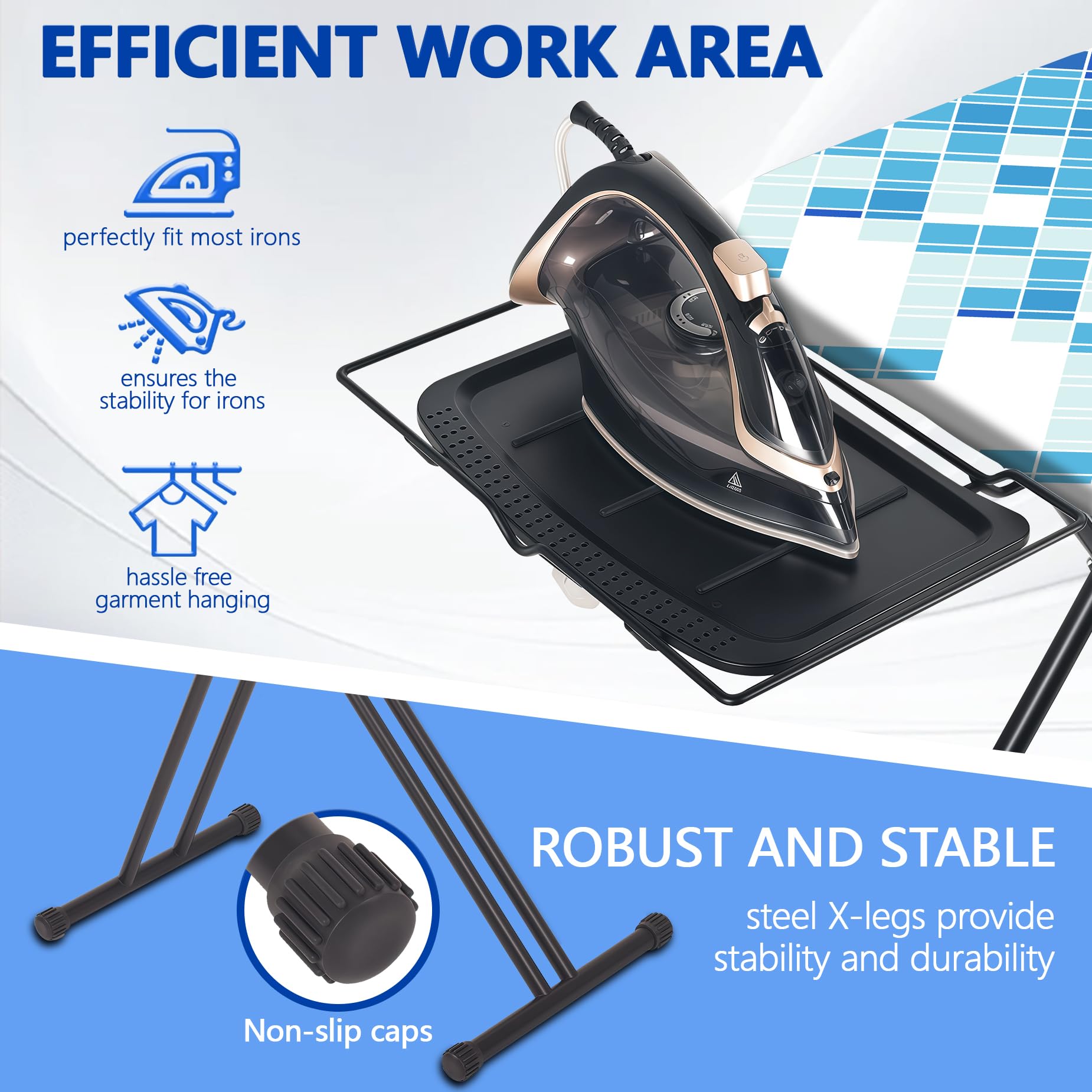 UFETGYG Classic Full Size Ironing Board 57" X 18" with Iron Rest, Extra Wide Size Full Metal Construction,Height Adjustable, Heat & Scorch Resistant Fabric, Anti-Skid Feet, Easy to Fold,Blue