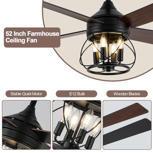 Curve Curio 52 Inch Farmhouse Ceiling Fan with Light and Remote Industrial Ceiling Fan Quiet and Reversible DC Motor Rustic Caged Chandelier Fan for Living Room Bedroom Patio (Caged Frame)