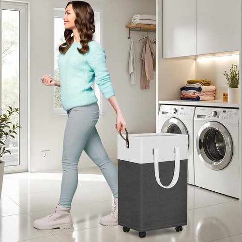 HomeHacks 75L Waterproof Rolling Laundry Hamper - Collapsible Basket with 4 Wheels for Easy Transport | Gray