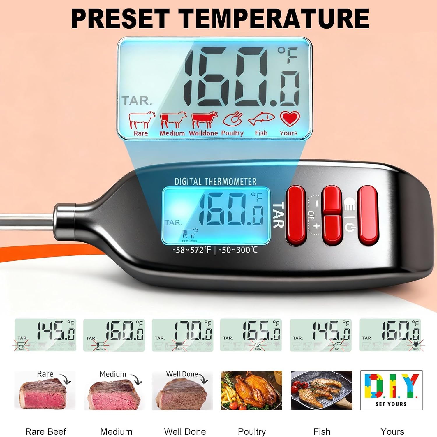 Antonki Digital Meat Thermometer - Smart Instant Read with Long Probe for Cooking & BBQ | Backlit Display