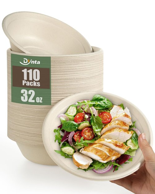 Dynta 110 Pack 32oz Paper Bowls, Large Compostable Disposable Bowls for Salads, Soups & Dog Feeding | Microwave & Freezer Safe(Natural Brown)