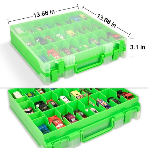 Double Sided Toy Storage Organizer Case for Hot Wheels Car, for Matchbox Cars, for Mini Toys, for Small Dolls. Carrying Box Container Carrier with 48 Compartments - Green(Box Only)