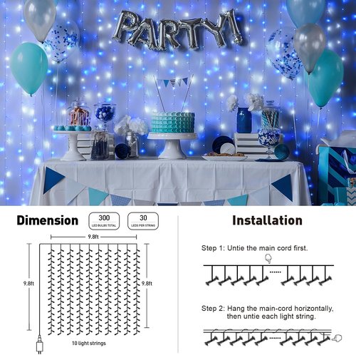 JMEXSUSS 300LED Christmas Curtain Lights - Remote Control Blue & White Fairy Lights | 9.8x9.8ft Indoor/Outdoor Decor