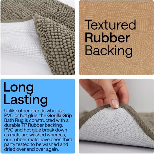 GORILLA GRIP Bath Rug Mat - Thick Soft Absorbent Chenille | Quick-Dry Microfiber, Rubber Backing, 24x17, Latte