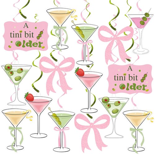 20pcs A Tiny Bit Older Birthday Party Hanigng Swirl Decor, Martini Bow Party Decor, Tini Bar Party Ceiling Streamers for Girls Martini Birthday Party, Martini Bachelorette Bridal Shower Party Supplies