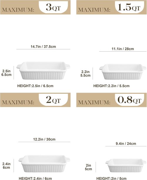 MALACASA Ceramic Bakeware Set - 5-Piece Oven Safe Casserole Dishes in White | Includes 9x13 Dish