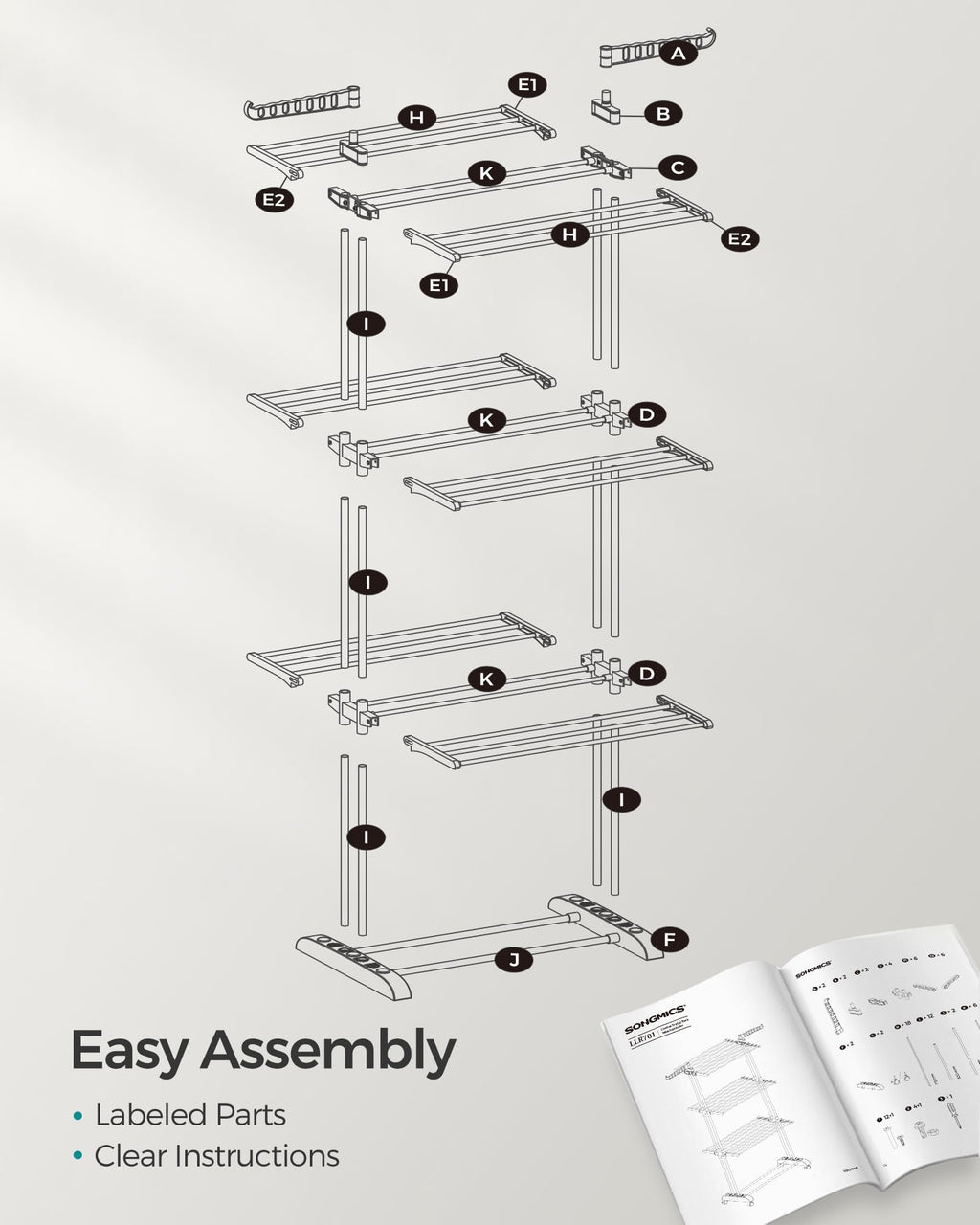 SONGMICS Clothes Drying Rack Stand 4-Tier, Foldable Laundry Drying Rack 68.1-Inch Tall, Steel, Rolling Clothes Horses Dryer Rack, Easy to Assemble, Indoor Outdoor Use, Dove Gray ULLR701G01