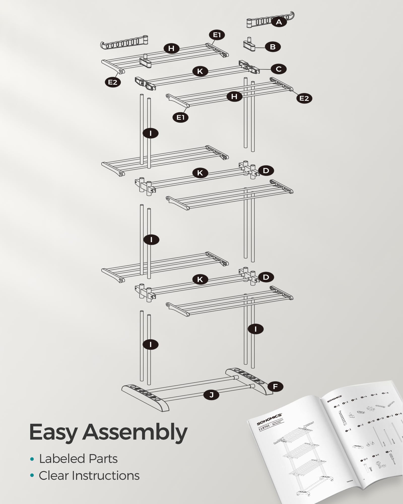 SONGMICS Clothes Drying Rack Stand 4-Tier, Foldable Laundry Drying Rack 68.1-Inch Tall, Steel, Rolling Clothes Horses Dryer Rack, Easy to Assemble, Indoor Outdoor Use, Dove Gray ULLR701G01