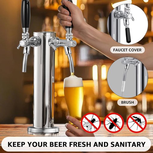 Upgraded Adjustable Beer Tap Tower 3" Dual Tap Kegerator Tower Beer Tower Dispenser, Flow Control Self-Closing Beer Faucet with Pre-Assembled Keg Lines Kegerator Parts Kits