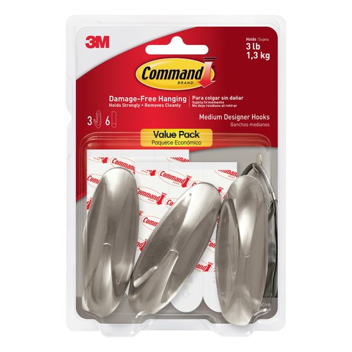 Command Medium Metallic Designer Hooks [Removable]: 3-pack (Brushed Nickel) [2-sets]