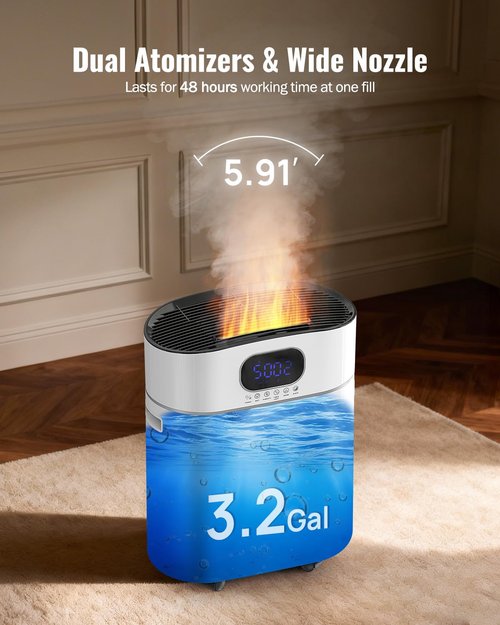 Humidifier Large Room Warm and Cool Mist, 3.2Gal/12L Humidifiers for Home 800 sq ft, Air Humidifiers for Bedroom with Diffuser & Flame Light, Whole House Humidifiers for Nursery Baby Plants, White