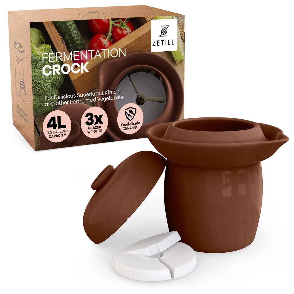 Zetilli Fermentation Crock Jar Fermenting Crock with Glazed Weights- Onggi Kimchi Pot for Fermenting Delicious Kimchi, Kombucha & Pickles - Stoneware Sauerkraut Crock Pickling Fermenter (4L BROWN)
