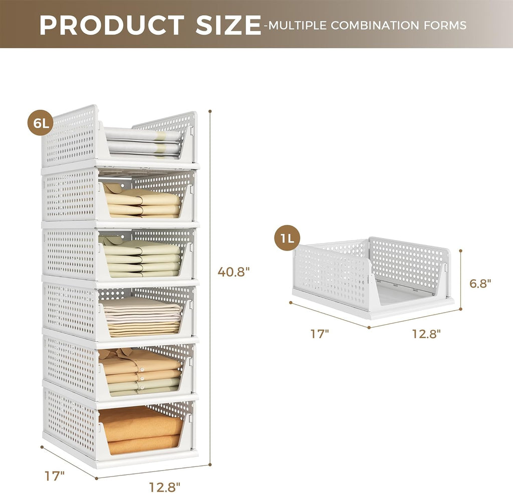 Pinkpum 6-Pack Closet Organizers - Stackable Plastic Storage Bins for Clothing & Accessories | White