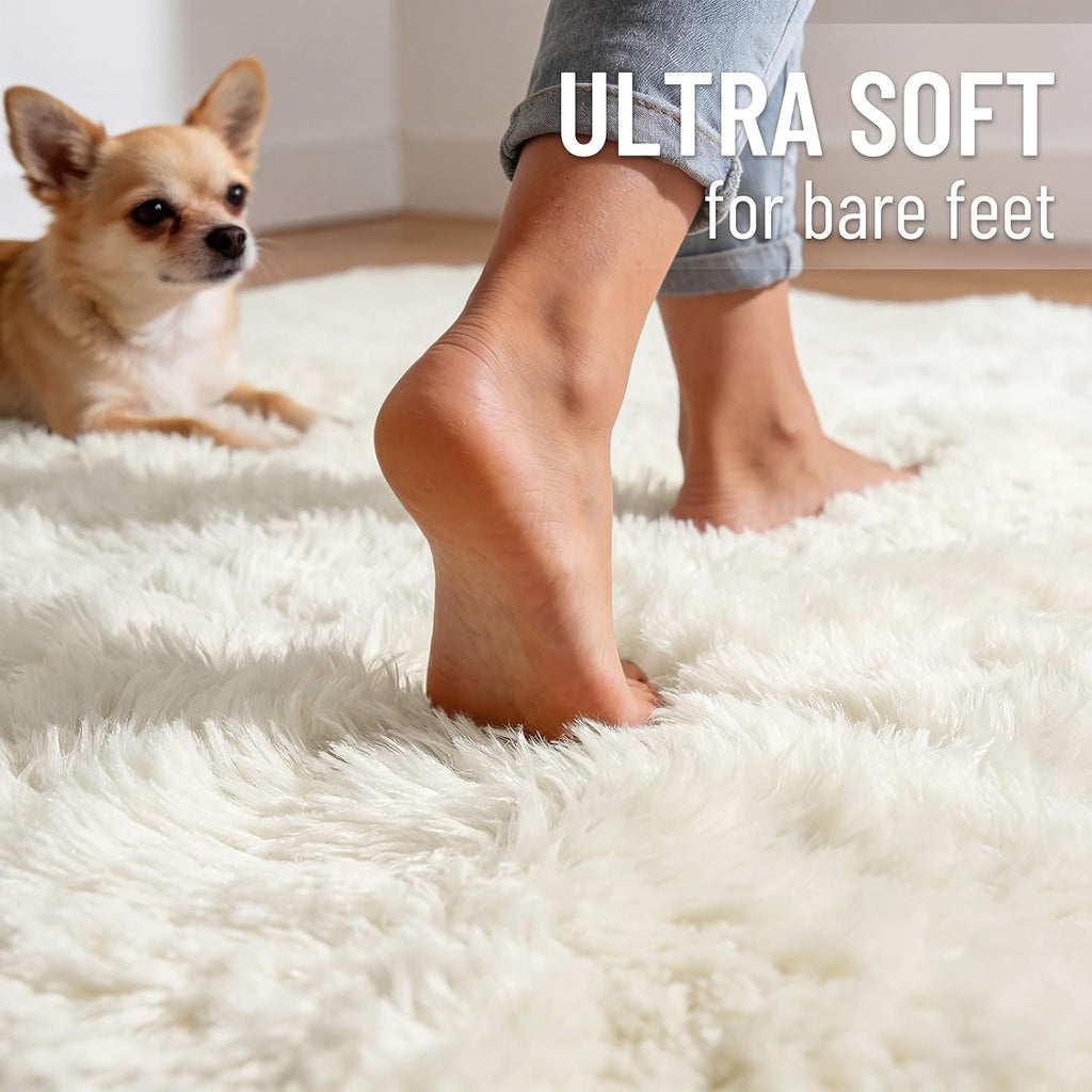OLANLY 6x6 Area Rug - Soft, Fluffy Shaggy Carpet for Living Room & Bedroom | Machine Washable, Ivory