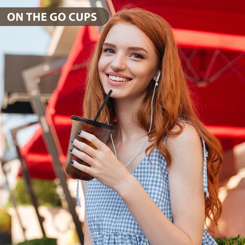 tchrules 50 Set 16oz Black Plastic Cups with Lids & Straws, Disposable Iced Coffee Cup with Lid, Round Bottom Plastic To Go Cups for Cold Drinks Slushie Smoothie Lemonade Soda Bar Party Shop Supplies