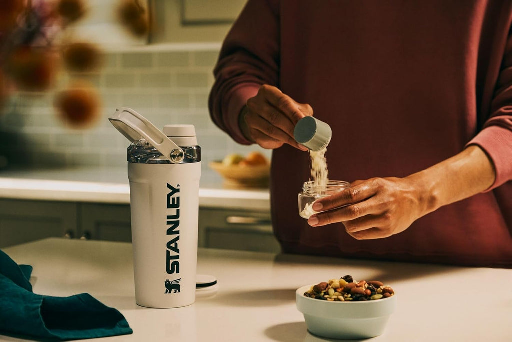 STANLEY Vitalize Shaker Bottle 20 oz - Leakproof Insulated Stainless Steel | Fast Flow Lid & Base Storage | BPA-Free | Chalk