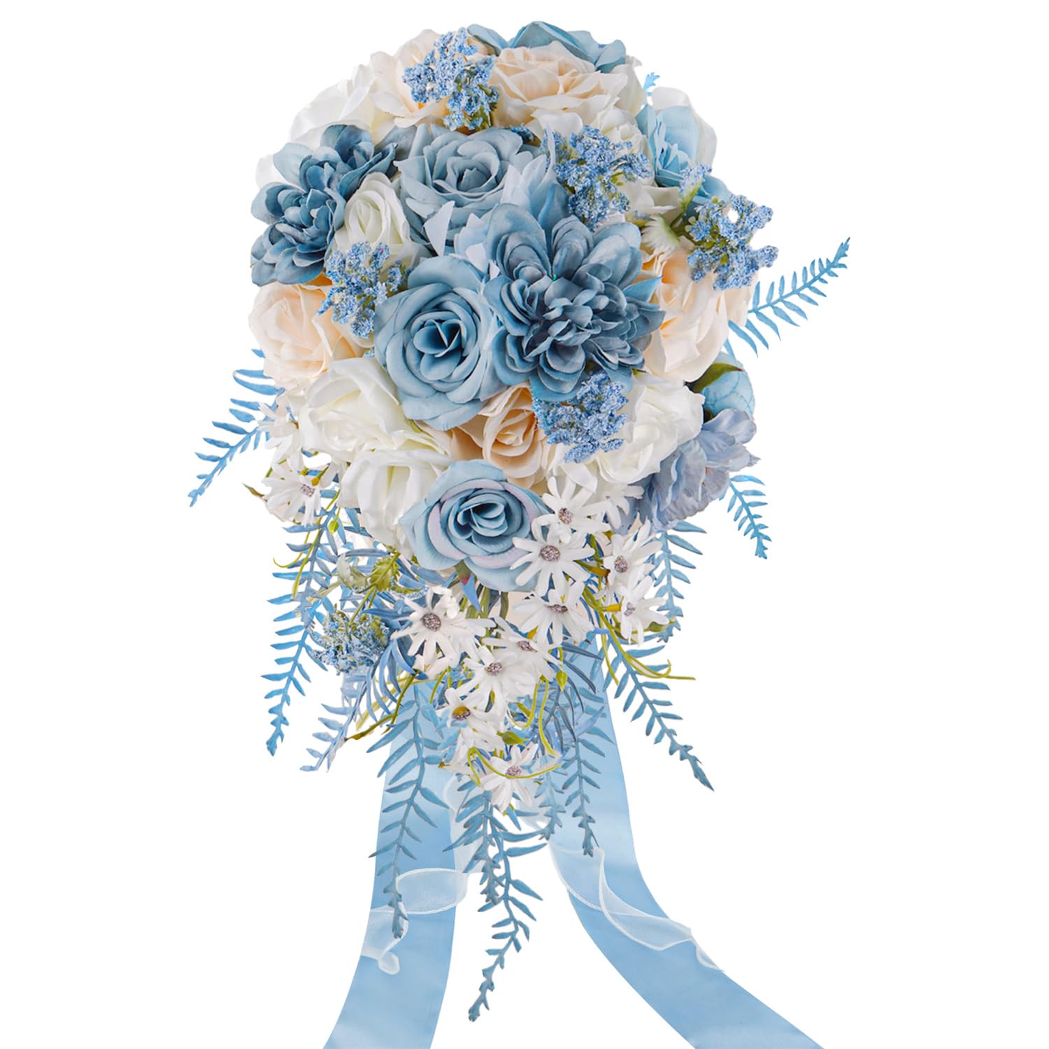 Dusty Blue Rose Bouquets for Bride Wedding White Navy Blue Champagne Cascading Bridal Bouquet Artificial Silk Flower Boho Rustic Ceremony Anniversary Decor Summer Fall Winter Wedding Toss Bouquet