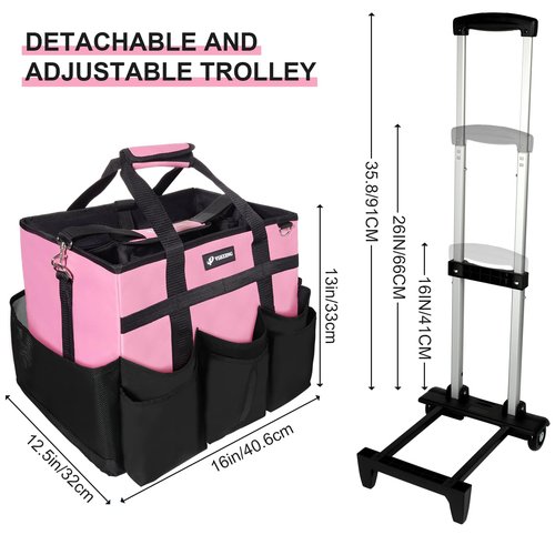 VSHXENG Large Rolling Cleaning Caddy Bag with Wheels, with Detachable Trolley, Cleaning Bags on Wheels for Housekeepers, Cleaning Cart Supplies Organizer for Home, Car, Picnic (Pink)