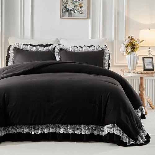 Joyreap Queen Size Comforter Set Black, 3pcs Lace Ruffled Bedding Comforter Set, Microfiber Vintage Gothic Boho Chic Bedding Set for All Season- 88x88 inches
