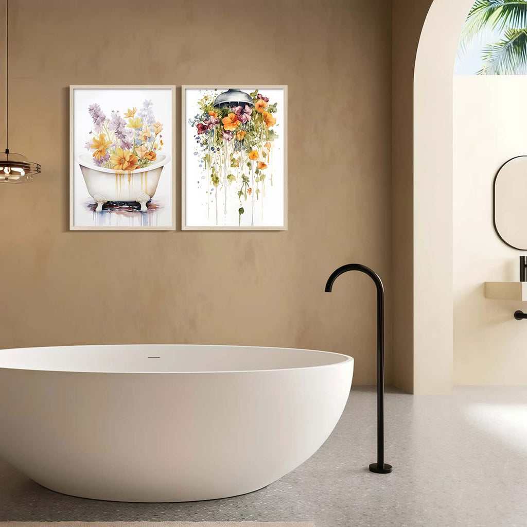 2Pcs Framed Bathtub and Shower Flower Canvas Wall Art Modern Gallery Prints Bathroom Wall Decor Pictures Floral Poster Artwork Living Room Bathroom Apartment 16X24 Inch Ready to Hang
