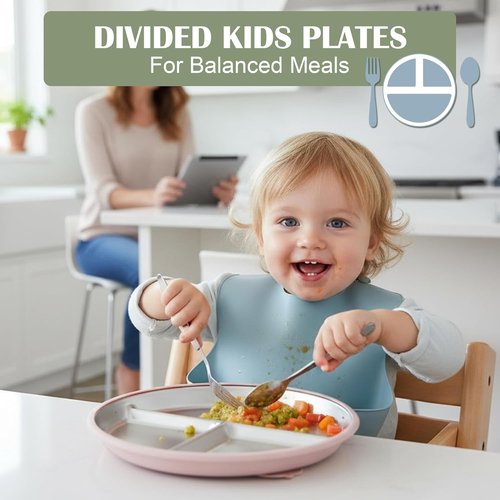 E-far Stainless Steel Toddler Plates - 9" Unbreakable Non-Slip Baby Dishes, 4-Pack with Suction & Silicone Sleeves