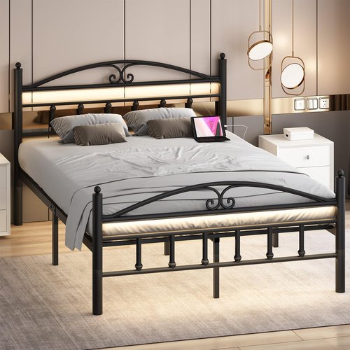 Samurbex Full Size Bed Frame with Charging Station,Black Metal Platform Bed Frame with LED Lights,Heavy Duty Metal Steel Slats Support,No Box Spring Needed,Noise Free,Easy to Assemble