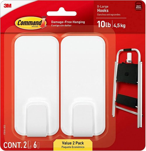 Command 10 lb XL Heavyweight Hook - Damage-Free Adhesive Wall Hooks for Organization & Storage | 2 Hooks & 6 Strips