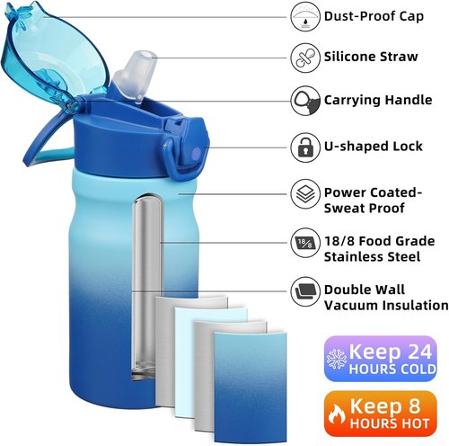BJPKPK 14oz Insulated Water Bottle - Stainless Steel, BPA-Free, Leak-Proof with Straw & Lockable Lid | Sky Color