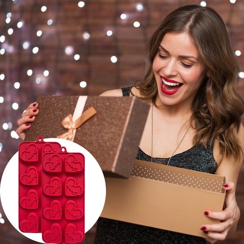 Copzievkae Hearts Chocolate Molds, Heart Ice Cube Tray Mold 16 Cavities Conversation Heart Molds, Silicone Hearts Candy Mold for Chocolate, Candy, Wax Melt, Baking, Candles, Red, 2 Pack