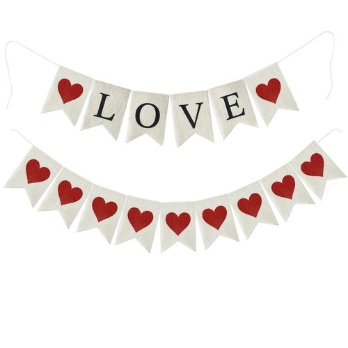 Valentine's Day Burlap Banner Decorations - Pre-Strung Love & Red Glitter Heart Garland, Rustic Anniversary Wedding Decor, No-Shed Glitter Heart Bunting for Mantel, Party, Office