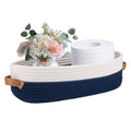 Hapforever 1 Pack Small Woven Storage Basket for Toilet Tank Top, Bathroom Countertop Organizer Cotton Rope Toilet Paper Storage Decorative Basket 13"x6"x4"(Navy/White)