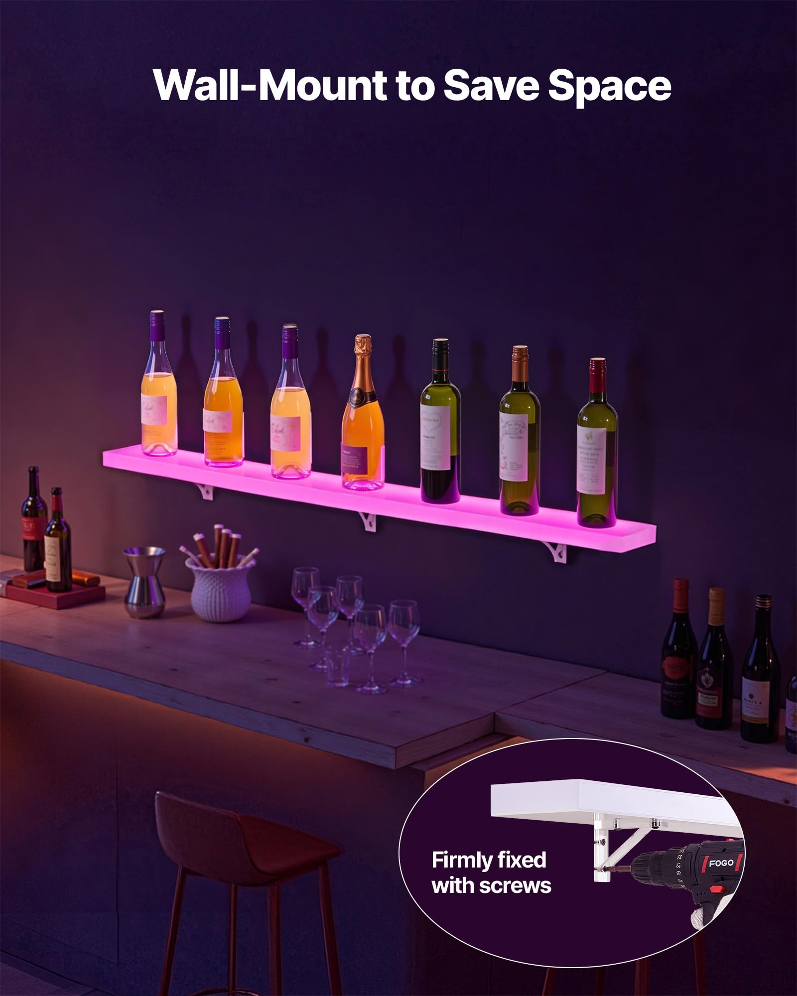 VEVOR LED Lighted Liquor Bottle Display, 1 Tier 48 Inches Whiskey Rack, Supports USB, Illuminated Home Bar Shelf with RF Remote & App Control, 7 Static Colors, Acrylic Lighted Shelf for 12 Bottles