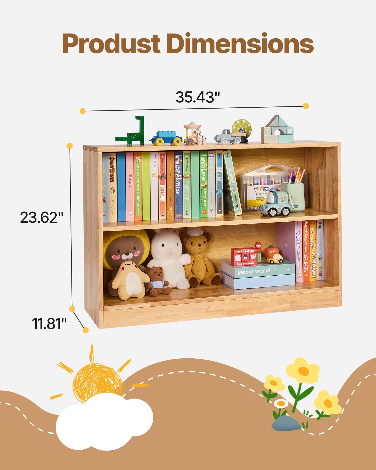 VEVOR Montessori Bookshelf, Wooden Toy Storage Organizer, 2-Cubby Toy Organizers and Storage, Daycare Furniture, Kids Bookshelf for Bedroom, Nursery, Living Room, Entryway, Preschool, Rubberwood