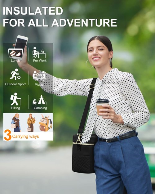 Capolo Lunch Box for Women Men Adults,Insulated Lunch Bag Leakproof Lunch Cooler Box with Removable Strap Cute Lunch Tote Bags Reusable Thermal Lunchbox for School Work Picnic(Small,Black)