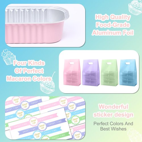 Acellegic 848 Pack Macaron Mini Loaf Pans Set with Lids and Spoons Include 200 Macaron 6.8oz Disposable Aluminum Foil Baking Pans 200 Lids 200 Spoons 200 Sealing Stickers 48 Gift Bags for Dessert Cake