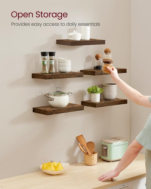 VASAGLE Wall Shelves Set of 5, Floating Shelves, Wall Mounted, 8 x 15.7 x 1.5 Inches, Display Shelves for Picture Frames, Wall Decor, Hanging Shelf for Living Room, Kitchen, Rustic Brown ULWS071B02