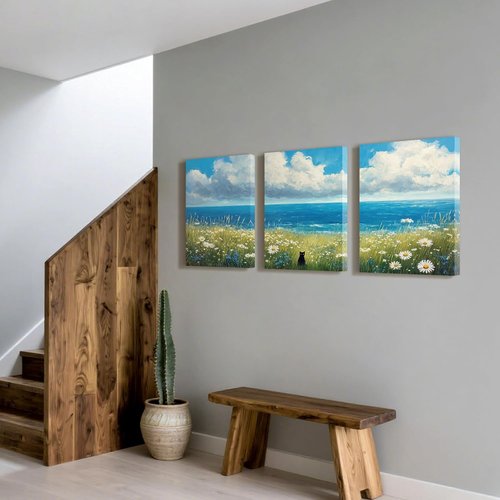Black Cat Canvas Wall Art - Set of 3 Abstract Coastal Floral Prints | 12"x16" Wrapped Frame