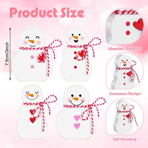 DoubleFill 4 Pcs Valentine's Day Snowman Figurine Tabletop Set Wooden Snowman Sign Tables Centerpieces Decor Heart Cute Table Decoration for Valentines Gift Wedding Party Decoration