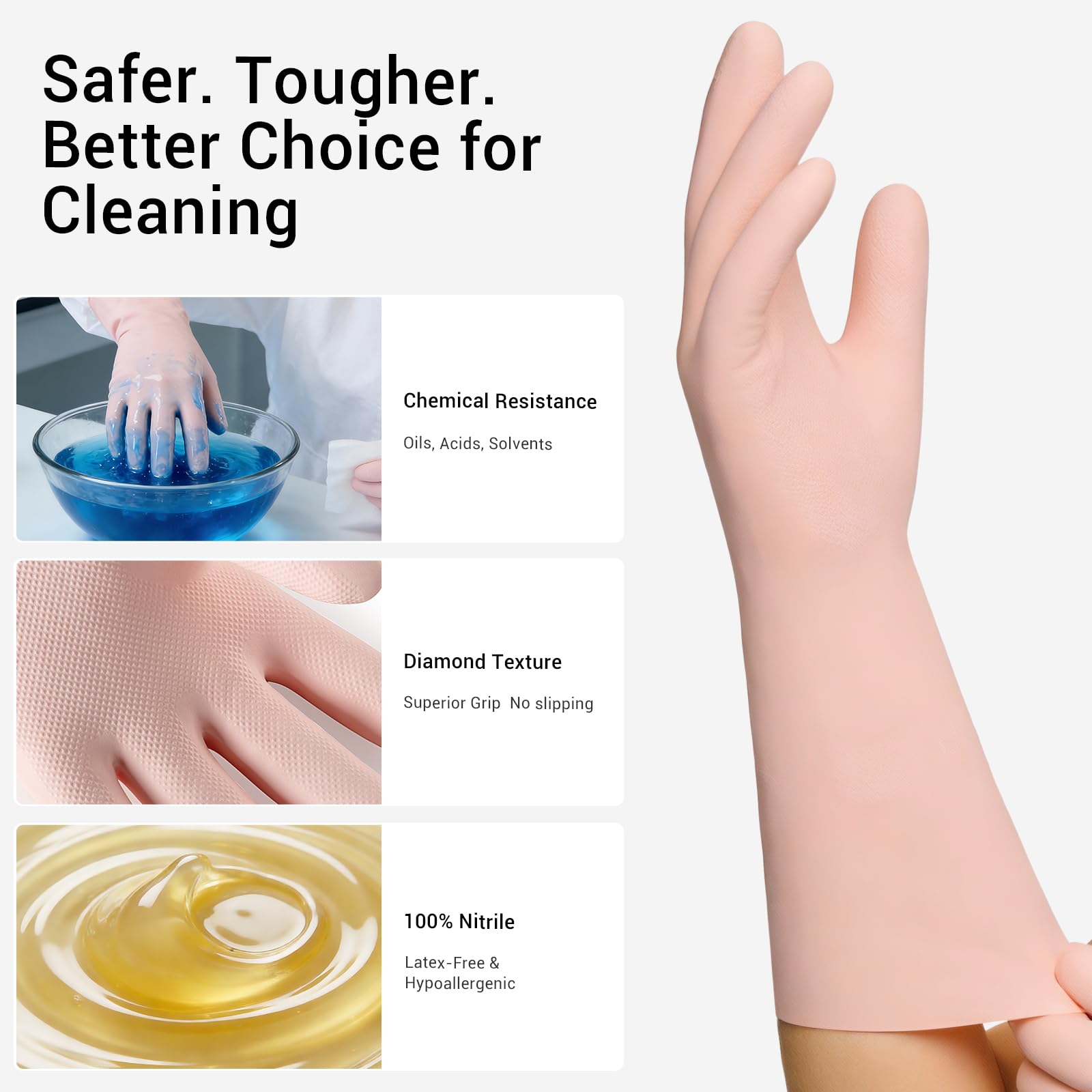 ThxToms 2 Pair Nitrile Dishwashing Cleaning Gloves, with Cotton Flocked Liner, Reusable, Skin-Friendly & Anti-Slip Design for Household & Kitchen Use, Pink&Blue, M