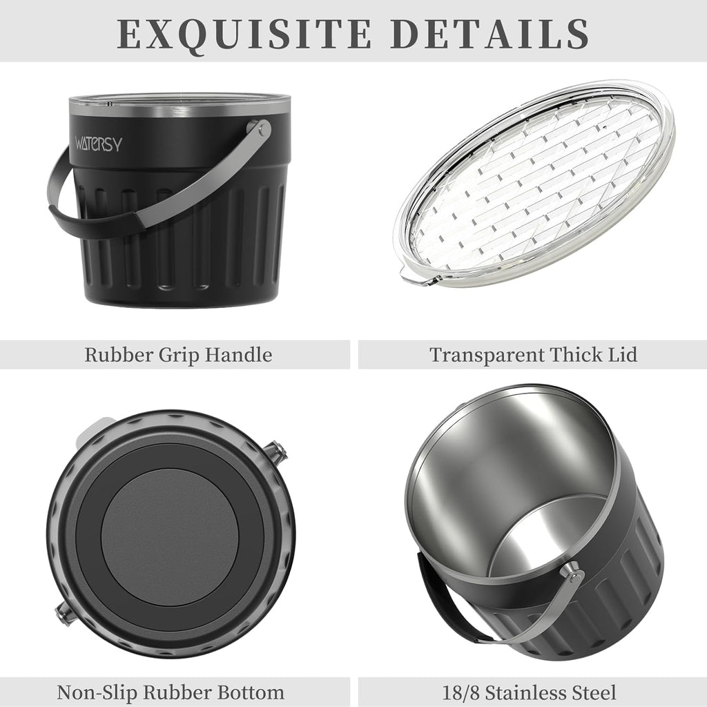 WATERSY Insulated Ice Bucket（8 Quart / 7.6 L） with Lid, Scoop, Ice Tong，Wall Vacuum Stainless Steel, Black